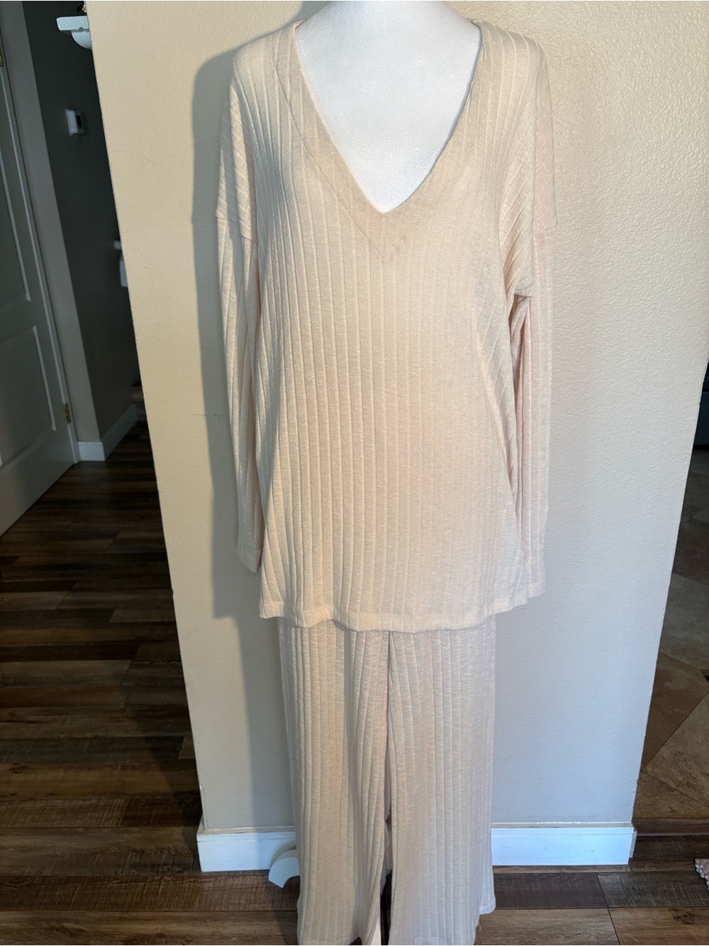 Free People Beach Cream Ribbed V-Neck top & pants set